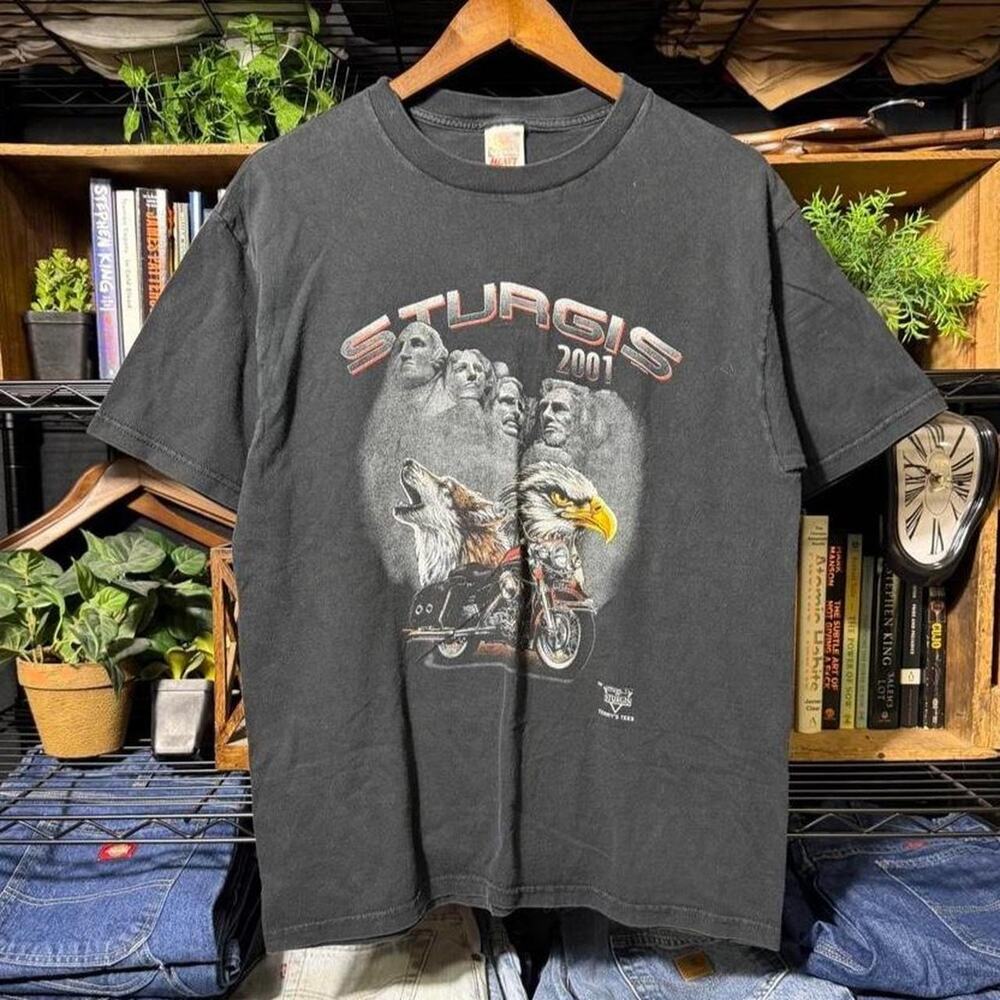VIntage Y2K Sturgis Black Hills Rally Mount Rushmore Biker Tee Faded Black Shirt